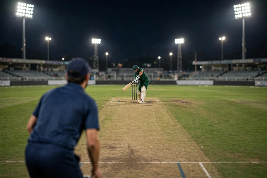 Illustrative cricket batsman playing a shot under floodlights