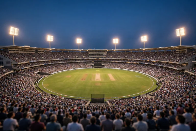 Illustrative cricket stadium under floodlights