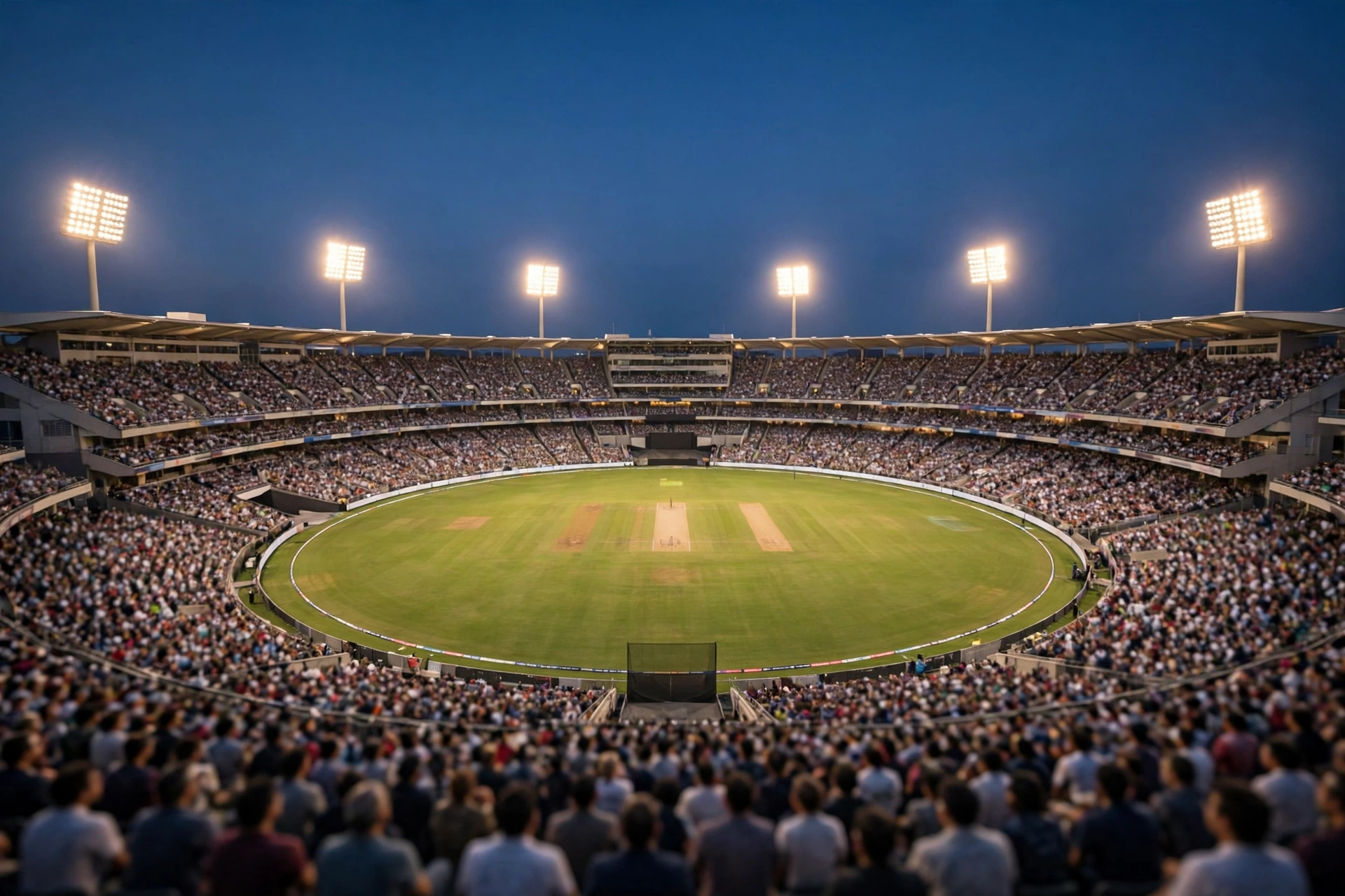 Illustrative cricket stadium under floodlights