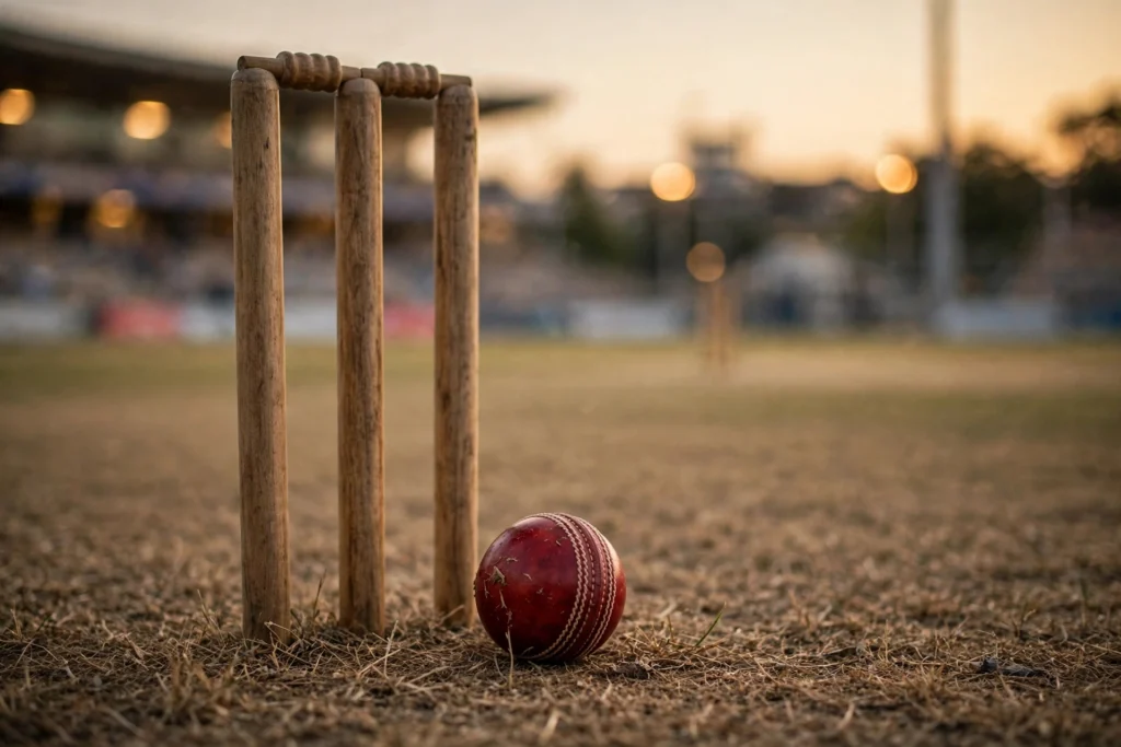 Illustrative cricket stumps and ball on a pitch